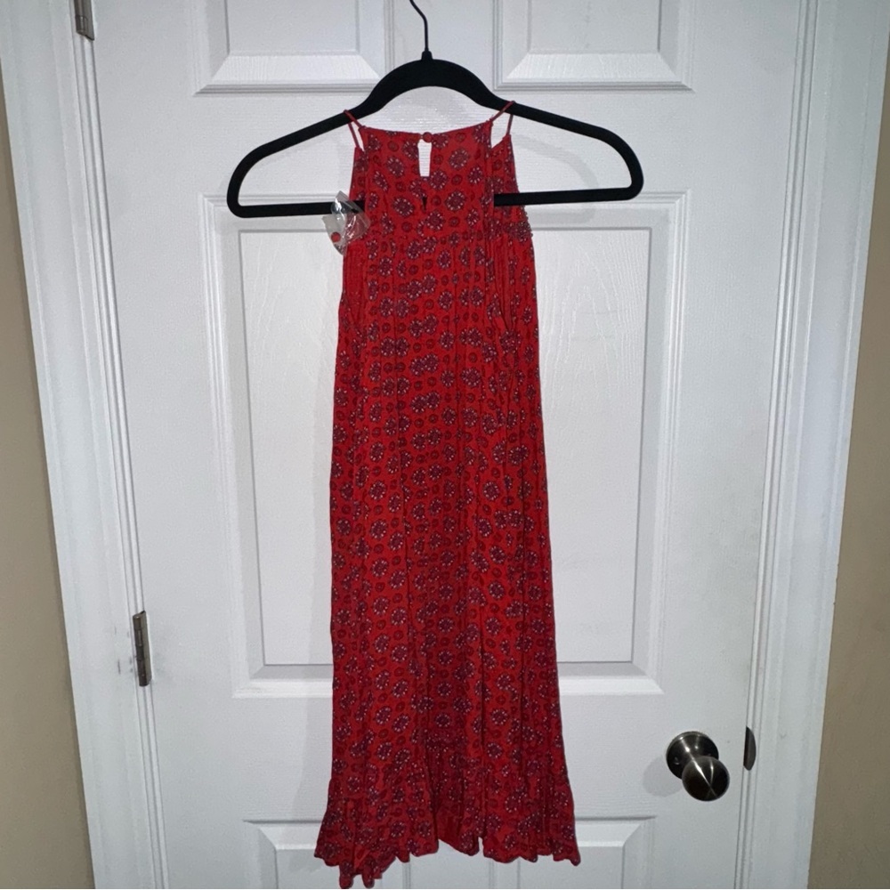 Braeve Red Medallion Print Beaded Halter Mini Dress Womens Small Boho Ruffle Hem - Picture 3 of 4